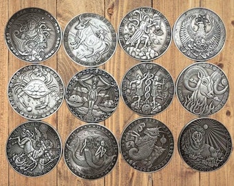 Set of 12 Horoscope Zodiac Coin Capricorn, Aquarius, Cancer, Gemini, Scorpio, Leo, Llibra, Taurus, Aries, Virgo, Sagittarius Constellation