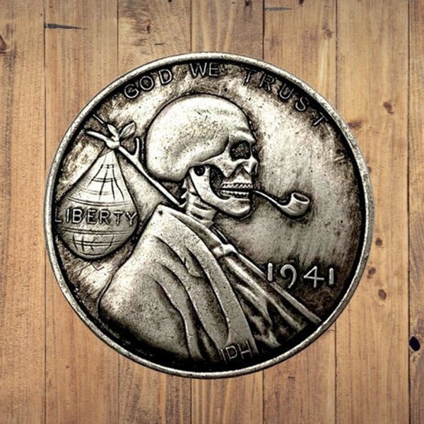 Hobo Coin Skull Skeleton Smoking Pipe Homeless Fantasy American Dollar US Coin Token