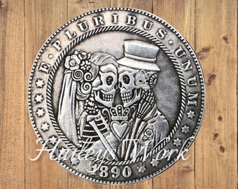 Hobo Nickel Skeleton Wedding Gift Marriage Love Forever Anniversary Skull Dollar Silver Casted US American Unique Carved Coin Rare Rare