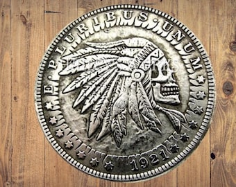 Hobo Nickel Skull Skeleton Indian Brave Warrior Army Military Morgan Dollar Silver Casted US Unique Christmas Unique Carved Coin Rare