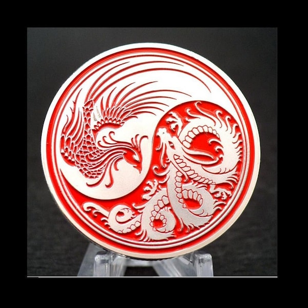 Silver Dragon & Phoenix Tai Chi Lucky Coin Medieval Collectible Magic Souvenir Collection Commemorative US American Unique Carved Rare