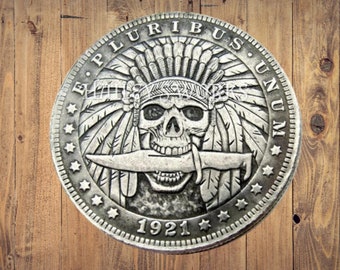 Hobo Nickel Skull Skeleton Indian Brave Warrior Army Military Morgan Dollar Silver Casted US American Unique Carved Coin Rare Punk Biker