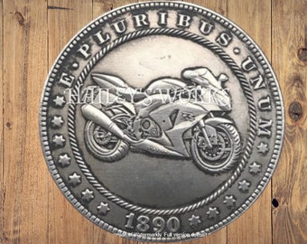 Hobo Nickel Motorbike Motorcycle Harley Davidson Street Bike Morgan Dollar Silver Casted US Unique Carved Coin Rare Punk Biker Rare