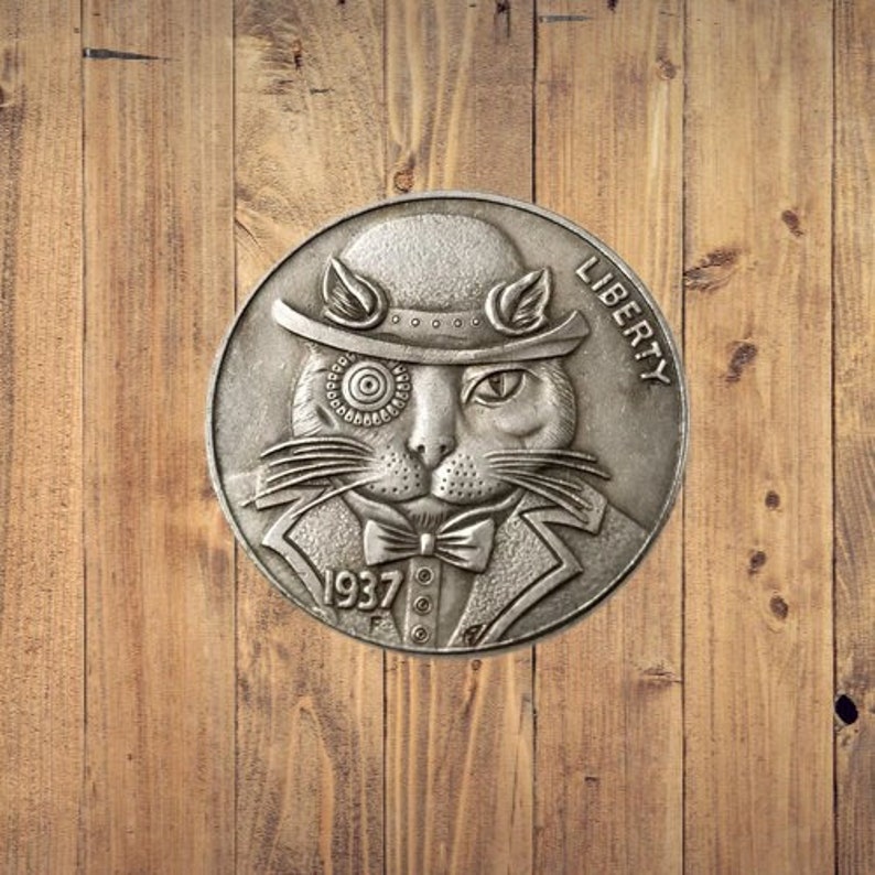 Hobo Nickel Coin The Cat Steampunk Man Gears Buffalo Silver Casted US Nickle Unique American Rare Biker Punk Vintage Token 1 — изображение