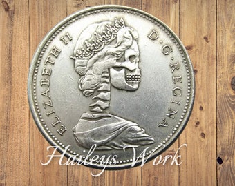 Hobo Coin Skull Skeleton Canadian Dollar Queen Elizabeth Silver Casted US Unique American Unique Carved Coin Rare