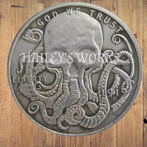 Hobo Penny Ocean Explore Diver Sea Monster Octopus Sea Casted US Christmas Nickel Nickle Unique Carved Coin Rare Biker Punk Medal