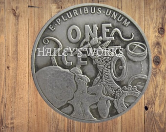 Hobo Penny Ocean Explore Diver Sea Monster Octopus Sea Casted US Christmas Nickel Nickle Unique Carved Coin Rare Biker Punk Medal