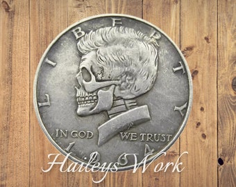 Hobo Coin Kennedy Skull Face Half Dollar Steampunk EMD Silver Casted US Unique American Unique Carved Coin Rare