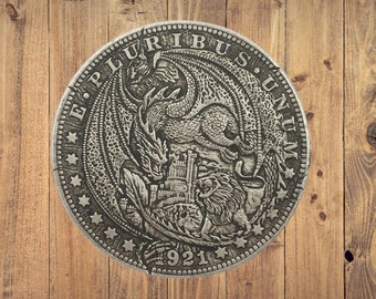 Hobo Coin Dragon Battle Lion vs Dragon Medieval Dungeon and Dragon Game Fantasy American Dollar US Coin Token