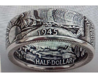 1945 Half Dollar Hand Made Hobo Nickel Silver American Us Rare Unique Handmade America United States COIN RING USA Size 8 - 16