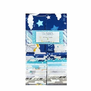 May include: A stack of 40 fabric squares in a variety of blue, gray, and white prints. The fabric squares feature stars, clouds, and the text "All Our Stars".