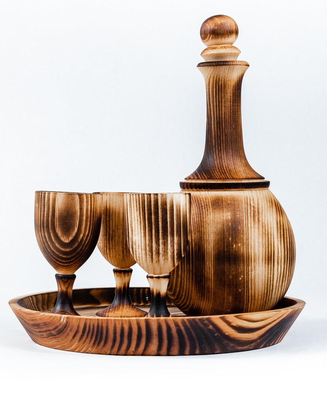 Wooden setDecanter with three glasses on a tray Etsy