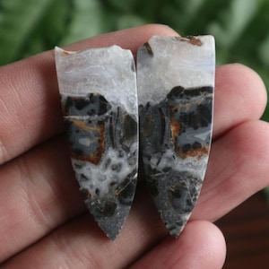 May include: A pair of black, white, and brown agate cabochons with a unique, swirling pattern. The cabochons are shaped like a teardrop and have a smooth, polished surface.