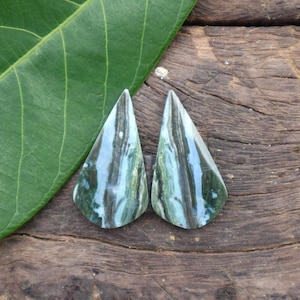 May include: Two teardrop-shaped polished gemstones featuring a smooth surface with vertical bands of dark forest green, sage green, and creamy white. The stones have a glossy finish and a pointed top edge, displaying natural mineral patterns throughout.