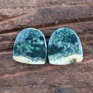 Op de afbeelding: Twee gepolijste, gewelfde edelstenen met een mix van diepe teal en lichtgroene patronen. De onderste randen hebben een beige band. De stenen worden gepresenteerd op een donkerbruin, getextureerd oppervlak.