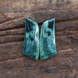May include: Two polished, green and black gemstone slabs with a unique pattern. The stones have a glossy finish and are set against a rustic, wooden background. The shape is a modified trapezoid.