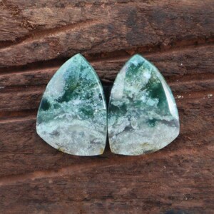 May include: Two polished gemstones with a distinctive pattern of green and white swirls. The stones are teardrop-shaped with a flat back. The gemstones are set against a dark wood grain background.