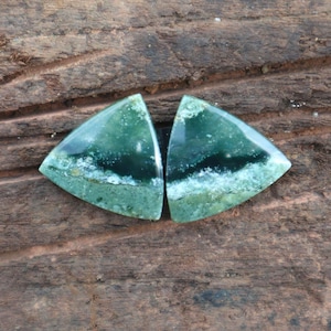 May include: Two polished, triangular gemstones with a mix of green and white hues. The stones have a dark green base with lighter green and white patterns. The gemstones are displayed on a rustic, brown wooden surface.