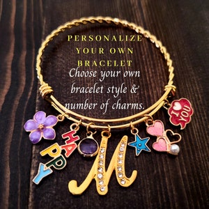 Personalized Charm Bracelet, Custom Charm Bracelet, Rhinestone Initial Bracelet, Build a Bracelet, Choose Charms, Gold Charm Bracelet