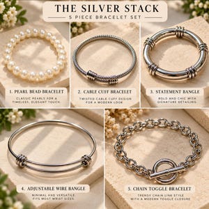 May include: The Silver Stack 5 piece bracelet set includes a pearl bead bracelet, a twisted cable cuff bracelet, a silver statement bangle with ribbed detailing, an adjustable wire bangle, and a silver chain link bracelet with a toggle closure.