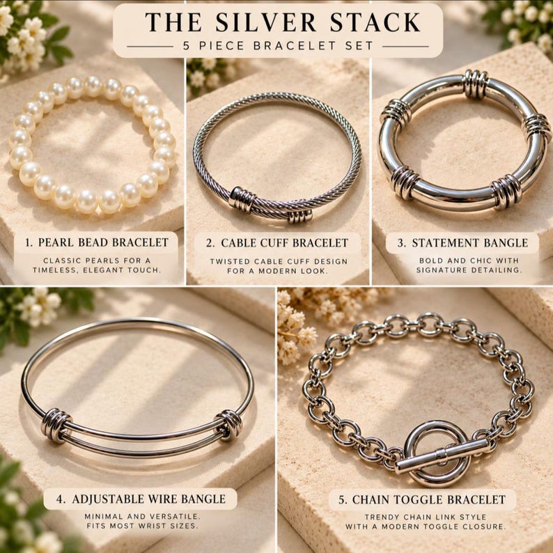 May include: The Silver Stack 5 piece bracelet set includes a pearl bead bracelet, a twisted cable cuff bracelet, a silver statement bangle with ribbed detailing, an adjustable wire bangle, and a silver chain link bracelet with a toggle closure.