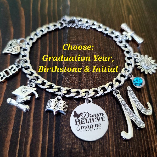 Graduation Charm Bracelet, Senior Gift, Senior Night Gift, Personalized Grad Gift, C/O 2024, Senior 2024, Graduation Jewelry, Grad Bracelet