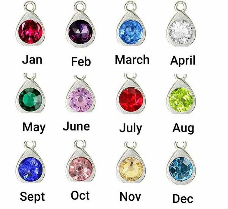 May include: Twelve silver charms with different colored gemstones, each representing a month of the year. January is red, February is purple, March is blue, April is white, May is green, June is pink, July is red, August is green, September is blue, October is pink, November is yellow, and December is blue.
