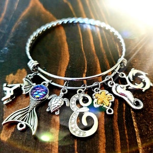 Beach Charm Bracelet, Sea Custom Charm Bracelet, Initial Charm Bracelet, Ocean Theme Bracelet, Mermaid Bracelet, Nautical Bracelet, Monogram