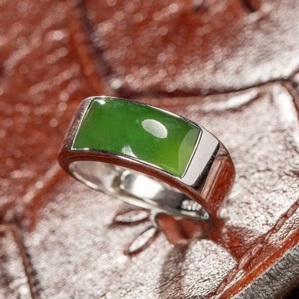 Men's Green Jade Arch Bridge Ring, Genuine Jade Stone in Adjustable 925 Sterling Silver Band, Unique Gift for Him, Ring US Sizes 8-10