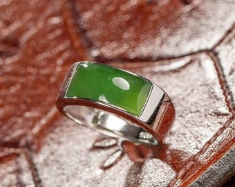 Men's Green Jade Arch Bridge Ring, Genuine Jade Stone in Adjustable 925 Sterling Silver Band, Unique Gift for Him, Ring US Sizes 8-10