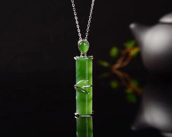 Lucky Bamboo Joint Genuine Green Jade Pendant - 925 Sterling Silver - Real Jade Necklace for Women