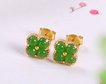 Lucky Four-Leaf Clover Green Jade Stud Earring - 18K Gold Vermeil/Sterling Silver - Natural Jade Stud Earrings - Gift for Her