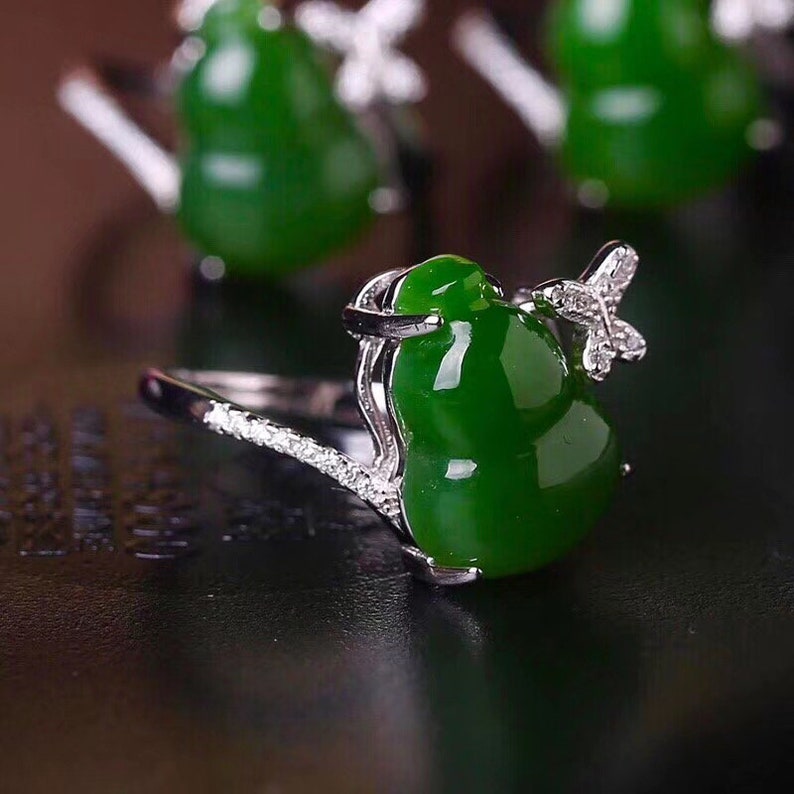 Treasure Bottle Sterling Silver Rings 18K Gold PlatedAdjustable Ring Green Jade Ring The Mindfulness Jade