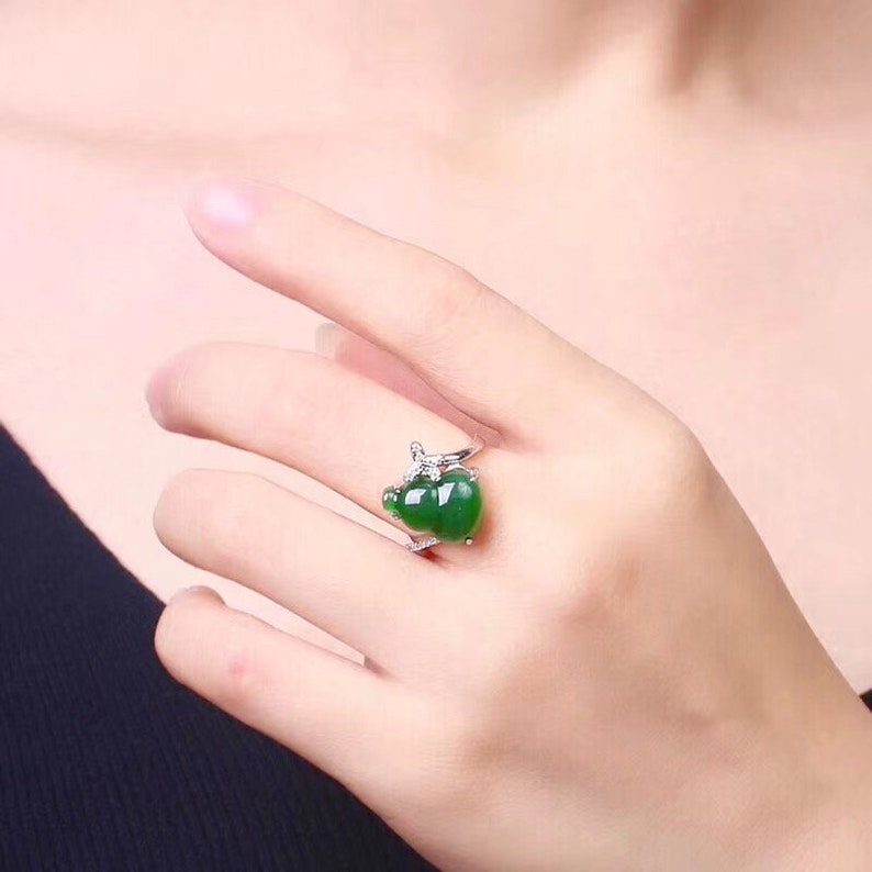 Treasure Bottle Sterling Silver Rings 18K Gold PlatedAdjustable Ring Green Jade Ring The Mindfulness Jade