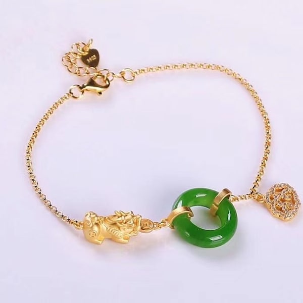 Chinese Wheathy Creature PiXiu Charm Bracelet with Genuine Green Jade Donut in 18K Gold Vermeil over Sterling Silver