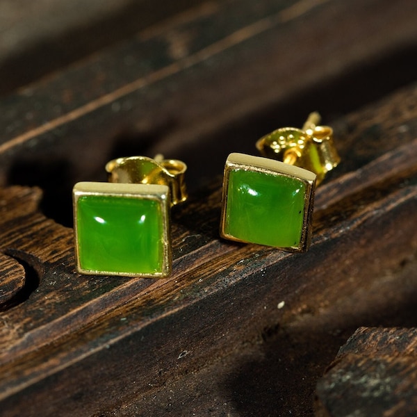 Unisex Minimalist Square Cabochon Green Jade Stud Earrings - 18K Gold Vermeil over Sterling Silver - Natural Jade Earrings