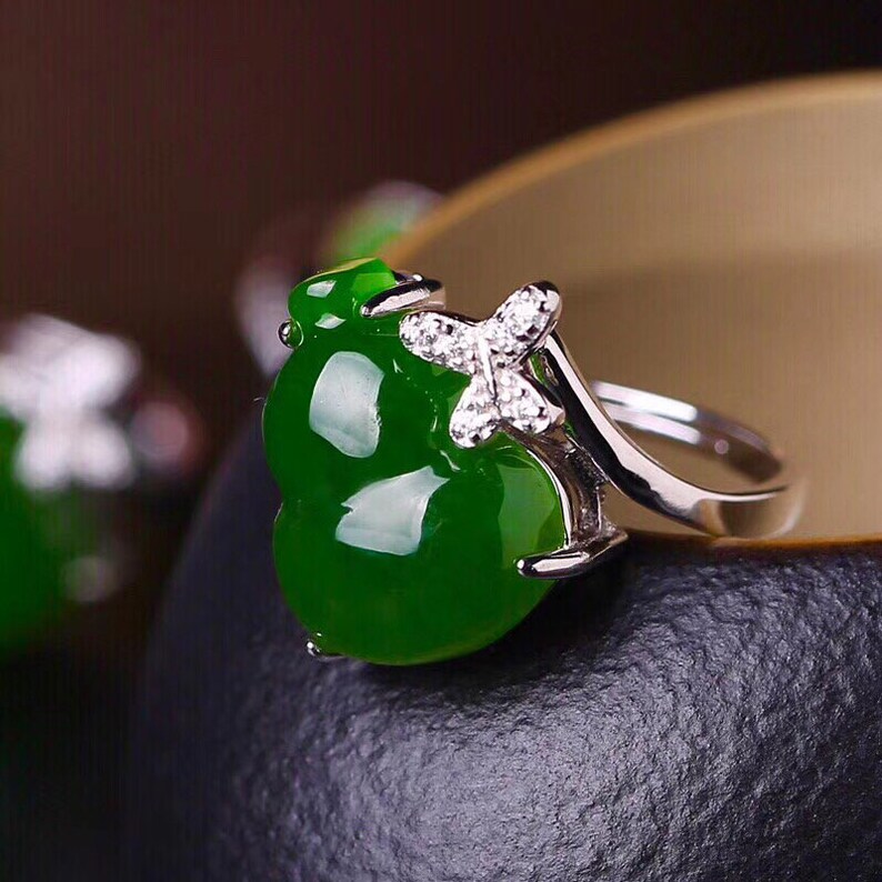 Treasure Bottle Sterling Silver Rings 18K Gold PlatedAdjustable Ring Green Jade Ring The Mindfulness Jade