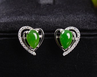 Open Heart Oval Green Jade Stud Earrings - 925 Sterling Silver with Cubic Zirconia Accents - Jade Heart Earrings - Gift for Her