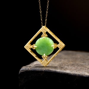 Contemporary Geometric 3D Box Genuine Viridian Green Jade Pendant - 18K Gold Vermeil over Sterling Silver - Unisex Jade Necklace