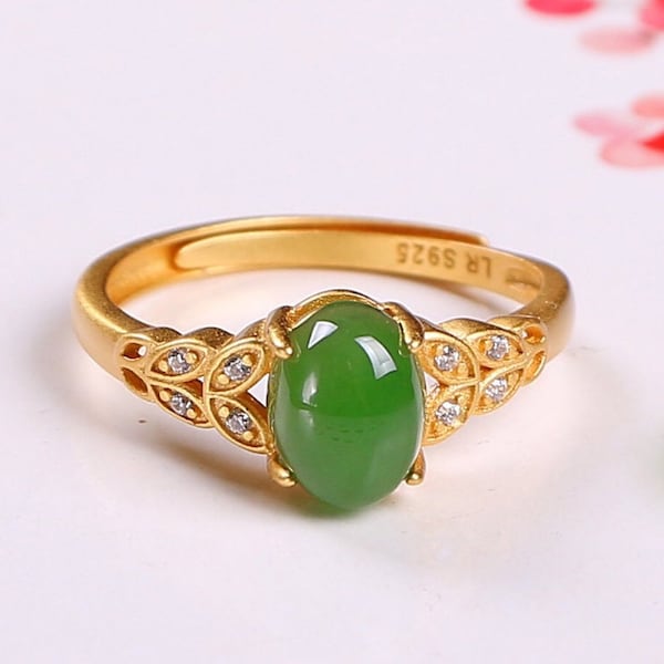 Bague en jade vert avec motif épis de blé, jade cabochon ovale en argent sterling 925/vermeil or rose, bague en jade réglable, taille US 6-8