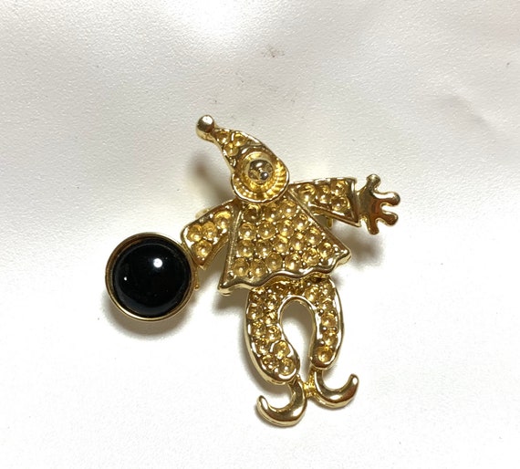 Vintage Dancing Clown Pierrot Brooch/ With Onyx/ V