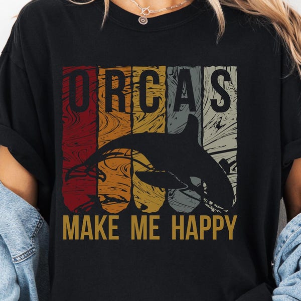 Regalo para amantes de las orcas, Las orcas me hacen feliz, Camiseta Comfort Colors, Mamífero con temática retro de orca del océano, Camiseta con estampado de ballena