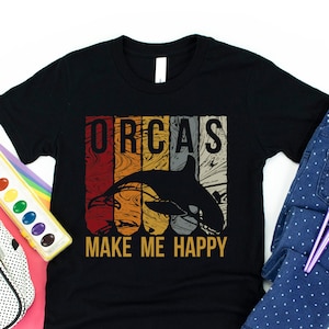 Kids Orca Lover Gift, Orcas Make Me Happy, Orca Whale T-Shirt, Ocean Killer Whale Gift, Retro Style Killer Whale Themed Kids mammal Shirt