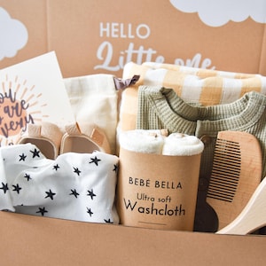 Newborn Baby Gift Hamper - Unisex Baby Shower Gift - Olive Romper, Swaddle, Shoes & Brush Set - Personalised Gift Box - Neutral Baby Gift