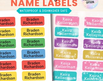 Custom Kids Name Stickers, Durable Waterproof Dishwasher Safe School Supply Labels, Holographic Tags (30 Count, Standard Size)