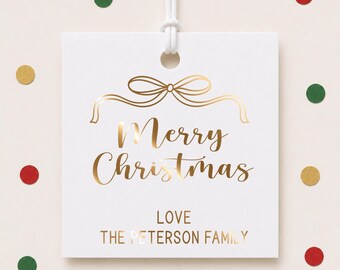 Foil Merry Christmas Bow Gift Tags, Personalized Holiday Favor Tags
