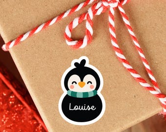 Penguin Gift Tags, Personalized Christmas Stickers, Custom Holiday Labels (set of 25)