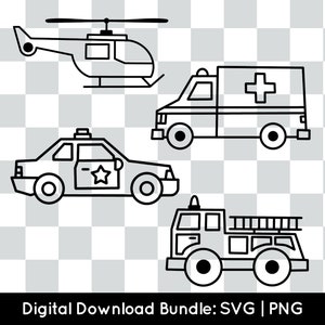 緊急車両バンドル PNG SVG、救助車両 SVG カットファイル（クリカットシルエット用）、消防車、救急車、パトカー、ヘリコプターのクリップアート