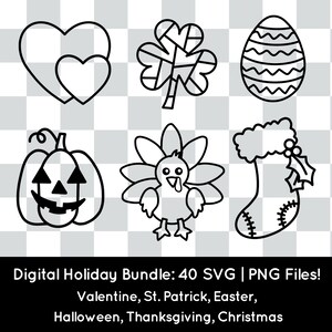 pacote de férias PNG, 40 arquivos de corte SVG para cricut silhouette, dia dos namorados, dia de são patrício, páscoa, dia das bruxas, ação de graças, natal
