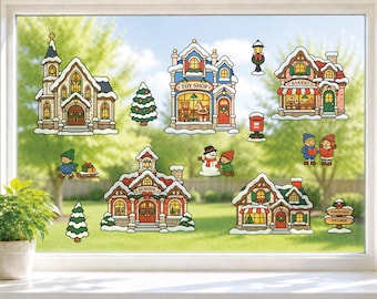 Build A Christmas Village Scene Window Cling Kit, Reusable Winter Decorations, Mix & Match Kids Holiday Activity